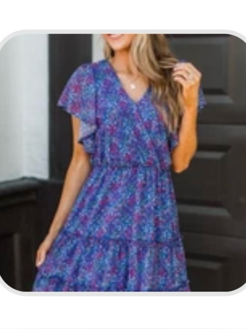 Pulse Blue Floral tiered women’s Dress with V-Neck
